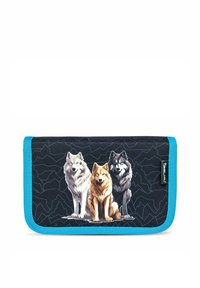 Wool-themed pencil case with a blue trim, featuring three wolf illustrations (white, tan, and black) against a dark mountain outline background.