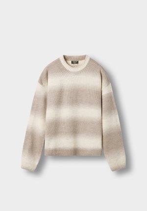 Beige and off-white striped long-sleeve knitted sweater with ribbed cuffs, hem, and crew neckline, displayed flat on a white background.