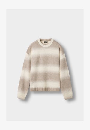 Beige and off-white striped long-sleeve knitted sweater with ribbed cuffs, hem, and crew neckline, displayed flat on a white background.
