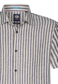 Camisa de botones de manga corta en una tela ligera con rayas verticales en azul marino y blanco, cuello puntiagudo y botones oscuros.