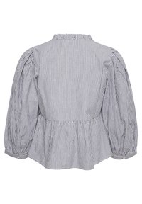 Gestreepte blouse in blauw en wit, met een hoge halslijn, pofmouwen en een peplumzoom. Gemaakt van lichtgewicht stof met een subtiele textuur.