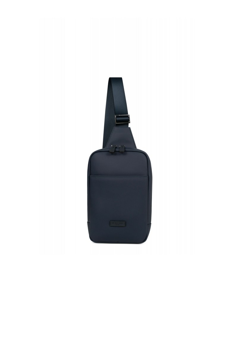 Borsa a tracolla blu navy realizzata in tessuto texturizzato, con una tasca frontale, chiusura con zip superiore e tracolla regolabile. Design minimalista.