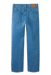 Šviesiai mėlyni džinsai tiesiu kirpimu, su dviem galinėmis kišenėmis ir rudos odos juosmens diržo lipduku. Švelnios tekstūros ir klasikiniu dizainu.