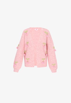 Roze gebreide cardigan met een V-hals, lange mouwen en geborduurde kersmotieven met groene bladeren. Zachte textuur en relaxte pasvorm.