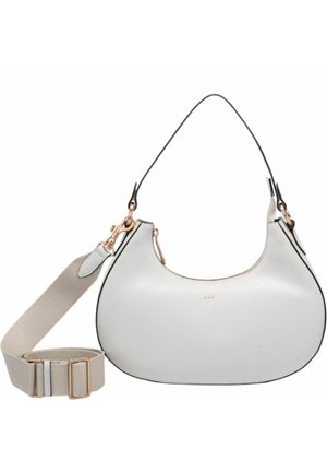 Borsa a mezzaluna bianca con bordo nero, dettagli dorati, manico corto e tracolla larga beige regolabile e staccabile.