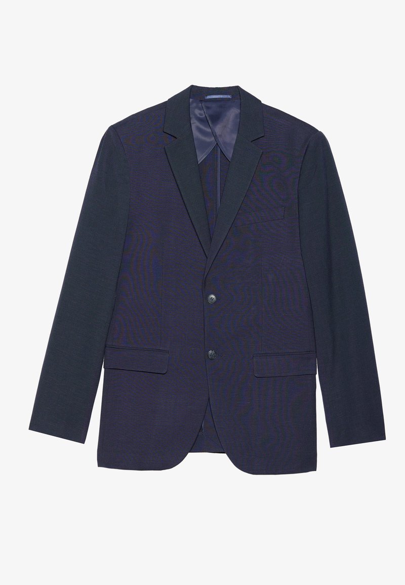 Blazer couleur bleu marine foncé avec deux poches avant, fermeture à un bouton, et col texturé contrastant. Doublure intérieure lisse sans motifs.