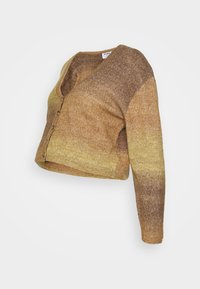 Cardigan em degradé castanho e amarelo com decote em V, mangas longas e fecho com botão, feito de um material de malha texturizada suave.