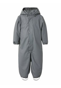 Grå och svart randig barnoverall med huva, tryckknappar, elastiska ärmslut och fotremmar.