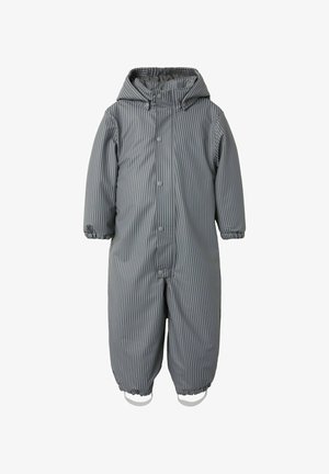 Gray and black striped hooded children's snowsuit with snap buttons, elastic cuffs, and foot straps.