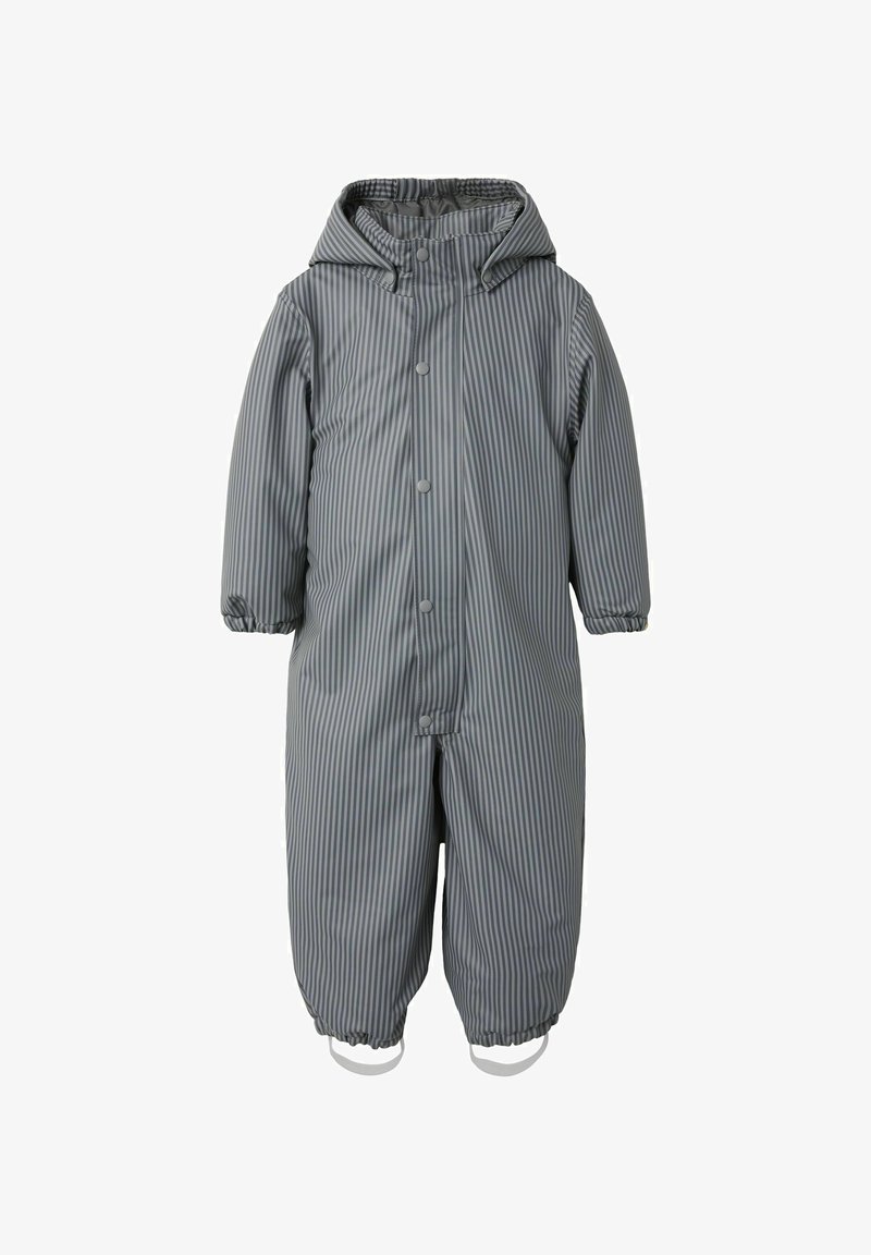 Mono de nieve para niños con capucha a rayas grises y negras, con botones a presión, puños elásticos y correas para los pies.