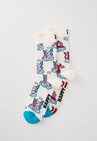 Crew socks with a white base featuring cartoon pigs on clouds in pink and blue, accented with blue toes and the word "HAPPY" in black.