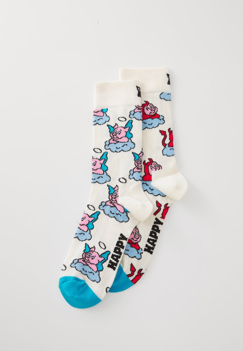 Crew socks with a white base featuring cartoon pigs on clouds in pink and blue, accented with blue toes and the word "HAPPY" in black.