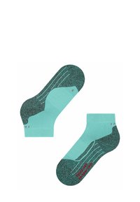 Para turkusowych skarpetek z ciemnymi akcentami, posiadających teksturowany wzór. Jedna skarpetka ma etykietę "R", a druga "F", co wskazuje odpowiednio na prawą i lewą.