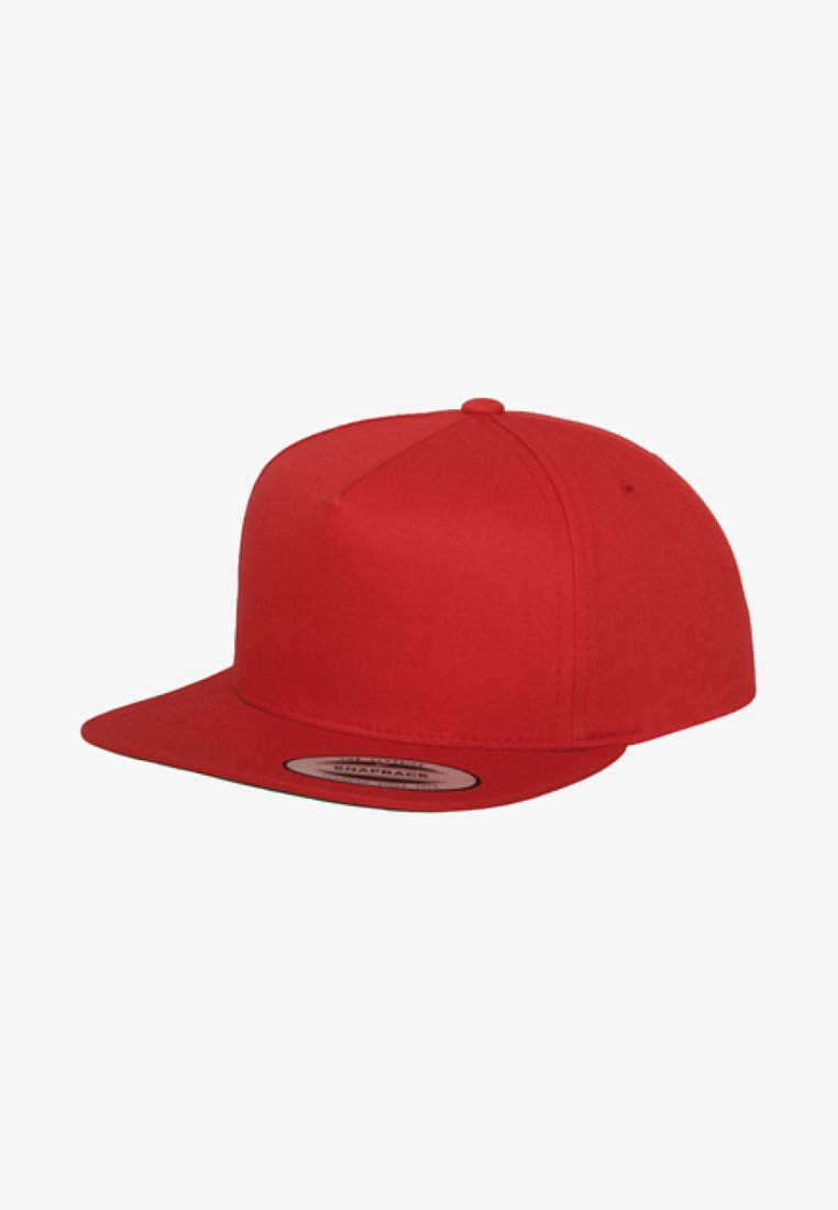 Red snapback cap with a flat brim, made of smooth fabric. Features a simple, solid color design without patterns or embellishments.