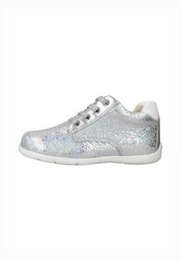 Silver sneaker with a cracked metallic finish, white accents, and six eyelets. Rubber sole and smooth texture typical of casual footwear.