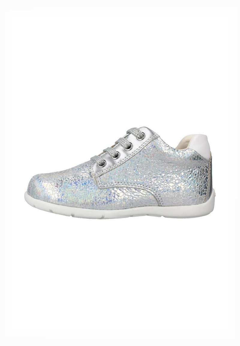 Silver sneaker with a cracked metallic finish, white accents, and six eyelets. Rubber sole and smooth texture typical of casual footwear.