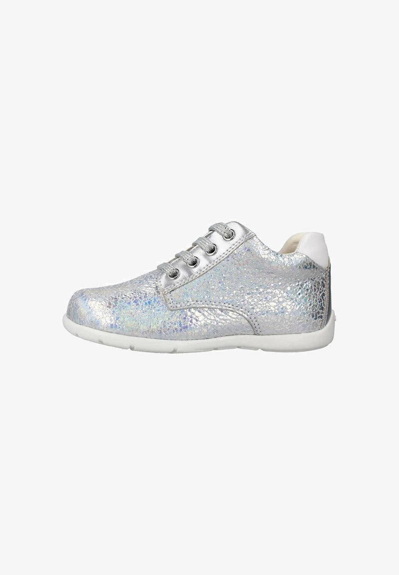 Silver sneaker with a cracked metallic finish, white accents, and six eyelets. Rubber sole and smooth texture typical of casual footwear.