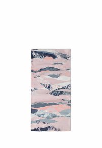 Meer-kleurige Buff nekwarmer met een berglandschap ontwerp in tinten roze, grijs en marineblauw, gemaakt van zacht, rekbaar materiaal.