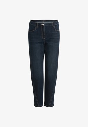 Jeans bleu foncé coupe slim avec poches avant, fermeture par bouton et fermeture éclair, et surpiqûres contrastantes le long des coutures et des ourlets.