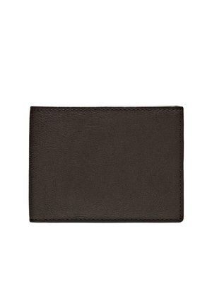 Black leather wallet with a smooth texture, rectangular shape, and subtle stitching detail around the edges. Compact design for cards.