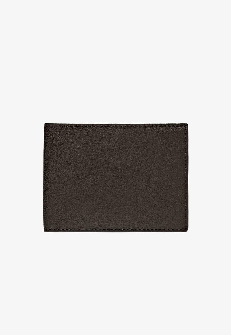 Portafoglio in pelle nera con una texture liscia, forma rettangolare e dettagli di cucitura discreti attorno ai bordi. Design compatto per le carte.