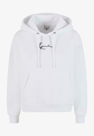 Vit hoodie i bomullsblandning, med en framficka, dragsko i huvan och en svart signaturlogotyp på bröstet. Mjuk textur och avslappnad passform.