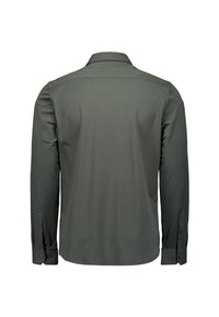 Donkergroene, langesleeve shirt gemaakt van gladde stof. Voorzien van een klassieke kraag en met knoopsluiting bij de manchetten, met een eenvoudige achterkant.