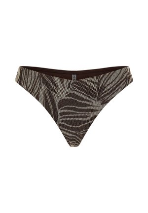 Braun-beige Bikinihose mit Zebra-Muster, tief sitzend und mit einem kleinen mittigen Etikett am Bund.