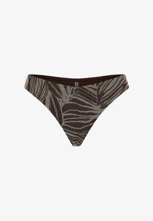 Braun-beige Bikinihose mit Zebra-Muster, tief sitzend und mit einem kleinen mittigen Etikett am Bund.