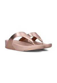 Roze gouden flip-flopsandalen met een glanzende afwerking, brede banden en gevoerde zolen. Lichtgewicht ontwerp met een subtiele kromming bij de tenen.