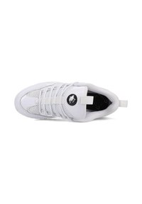 White athletic shoe featuring a mesh upper, sturdy rubber sole, rounded toe, and prominent branding detail on the side. Lace-up design.