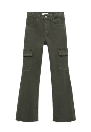 Olivgrüne Cargo-Jeans, ausgestellte Form, Baumwollstoff, zwei große Seitentaschen, fransiger Saum, Knopfverschluss und klassisches Fünf-Taschen-Design.