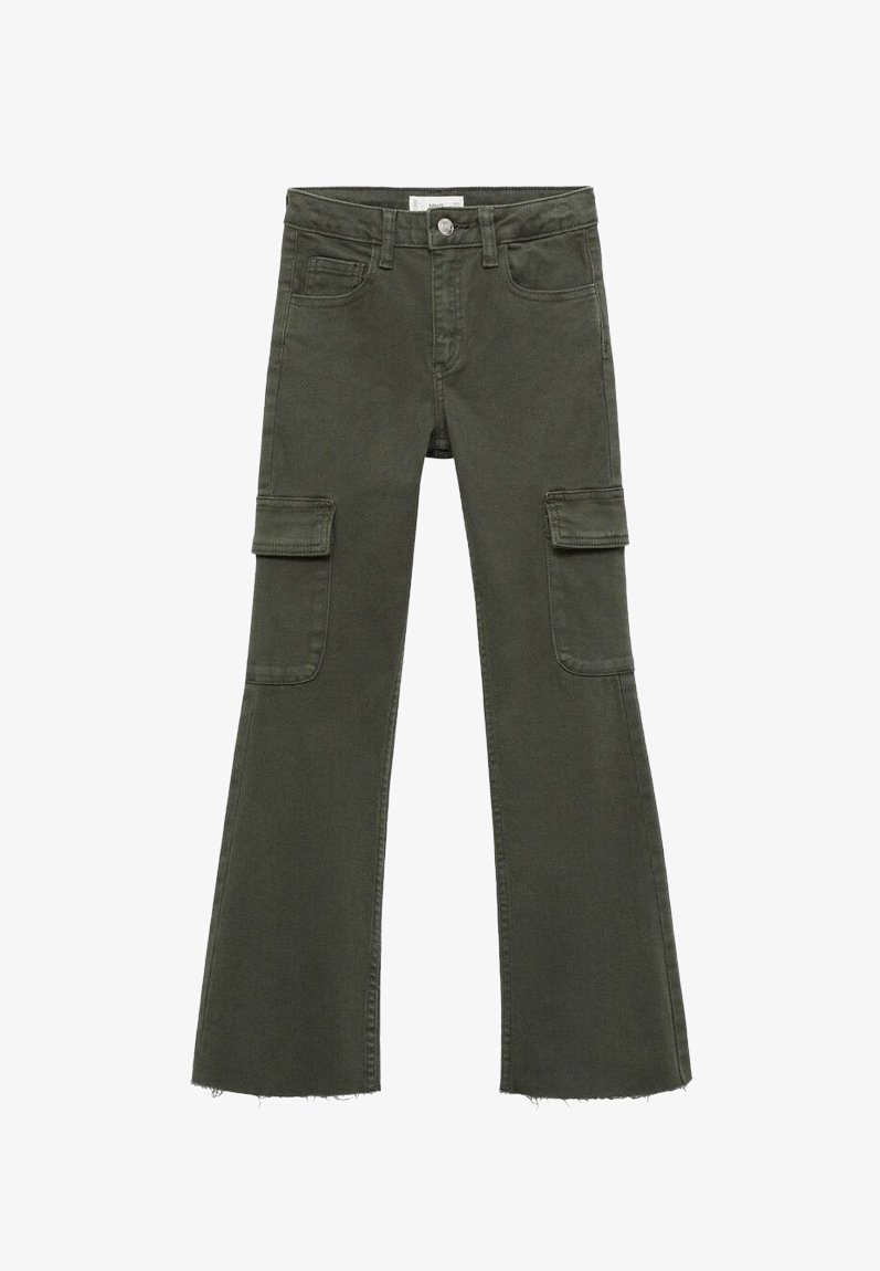 Maslinnozelene cargo traperice, šišajući oblik, pamučna tkanina, dva velika bočna džepa, poderani rub, kopčanje na dugme i klasični dizajn s pet džepova.