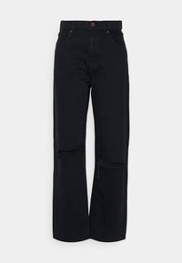 Svarta denimbyxor med avslappnad passform, hög midja och slitna knädetaljer. Avslutade med knappstängning och standard fem fickor.