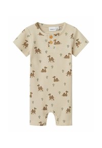 Beige kortärmad bodysuit i ribbat stoff, med tryck av brun kamel och grön kaktus, samt detaljer med träknappar och tryckknappstängning.