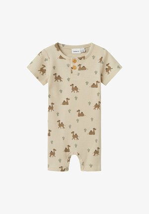 Beež lühikeste varrukatega bodi ribakudumist, millel on pruunid kaamelid ja rohelised kaktused, puidust nööbid ja snap-kinnitus.