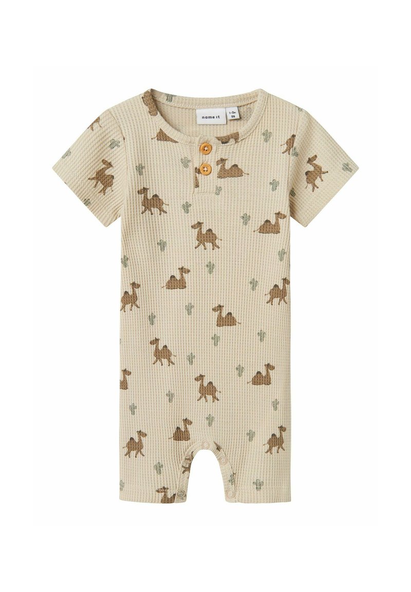 Beige kortärmad bodysuit i ribbat stoff, med tryck av brun kamel och grön kaktus, samt detaljer med träknappar och tryckknappstängning.