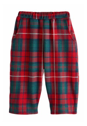 Pantaloni a quadri rossi e verdi con cintura elastica, dotati di tasche laterali e realizzati in un tessuto morbido e texturizzato. Design a vestibilità ampia.