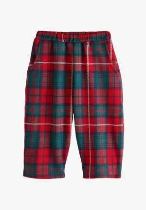 Piros és zöld kockás nadrág, elasztikus derékpánttal, oldalsó zsebekkel és puha, texturált anyagból készült. Lazán illeszkedő fazon.