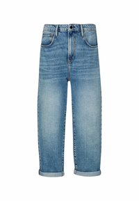 Siniset haalistuneet farkut käännetyillä lahkeilla, etunappi, vetskari, vyölenkit ja viisi taskua, esitelty valkoista taustaa vasten.