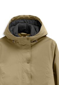 Khaki parka with a gray inner lining, a high collar, and snap button closure. Features a smooth exterior and subtle stitching details.
