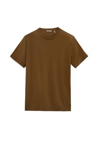 T-shirt marrone a maniche corte con collo rotondo; realizzata in tessuto morbido e liscio; presenta un design semplice e un orlo dritto.