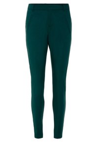 Ciemnozielone dopasowane spodnie o slim fit, z dwoma przednimi kieszeniami, gładką teksturą i pasaem zapewniającym pewne zapięcie.