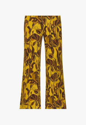 Schlaghosen aus gelbem Stoff mit Blumenmuster in Dunkelbraun und Rot. Das Design umfasst große Blumenformen und detaillierte Akzente.