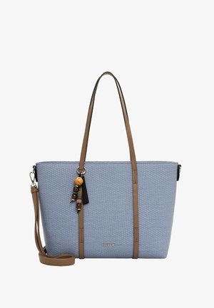 Light blue textured tote bag with long brown handles, detachable shoulder strap, and bead keychain decoration on front.