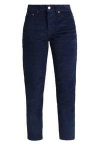 Pantalon droit en velours côtelé bleu foncé avec fermeture par bouton et fermeture éclair, poches avant et arrière, présenté sur fond blanc.