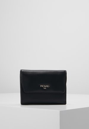 Black leather wallet with a flap closure, featuring a silver logo detail. Smooth texture and compact rectangular shape.