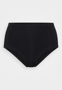 High-waisted black underwear featuring a smooth, stretchy fabric, a seamless design, and a full coverage cut. Ideal for comfort and support.