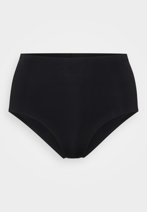 High-waisted black underwear featuring a smooth, stretchy fabric, a seamless design, and a full coverage cut. Ideal for comfort and support.