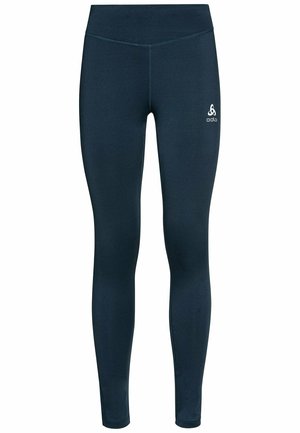 Navy blue athletic leggings made from lightweight fabric. Features a high waistband, fitted design, and a small white logo on the left side.
